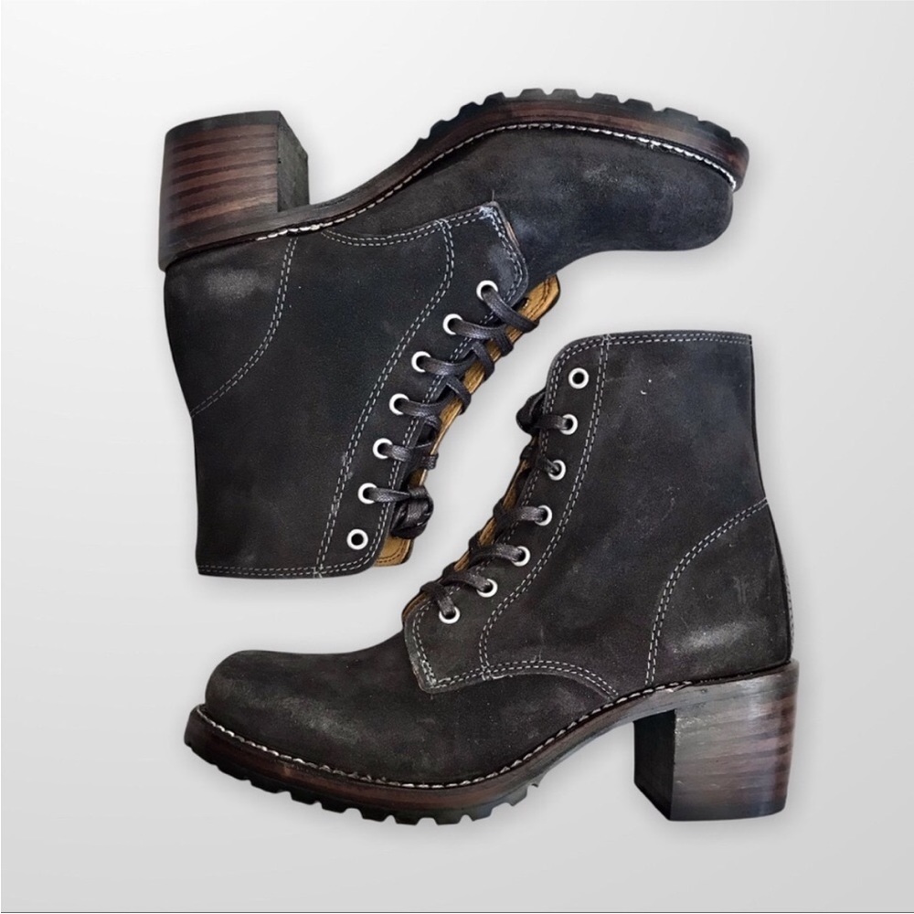 RARE Frye Sabrina 6G Grey Suede/Leather Lace Up Combat Moto Heeled Ankle Booties
